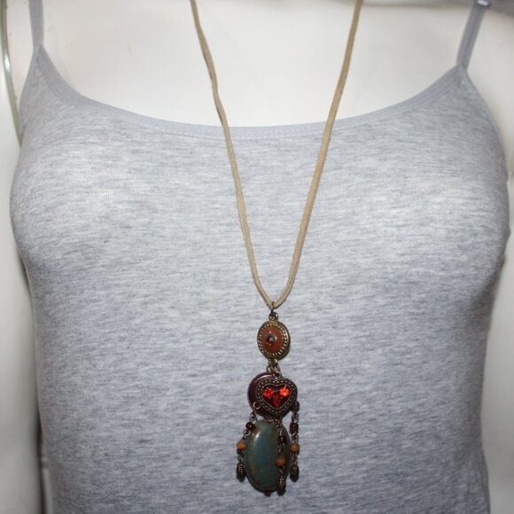 Beautiful tan cord necklace with bronze and gold pendant and ceramic beads - Picture 1 of 4
